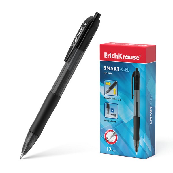 Ручка гелевая "Smart Gel" черная, автоматическая, с тонированным корпусом, 0.5мм, противоскользящая вставка, ErichKrause 39012