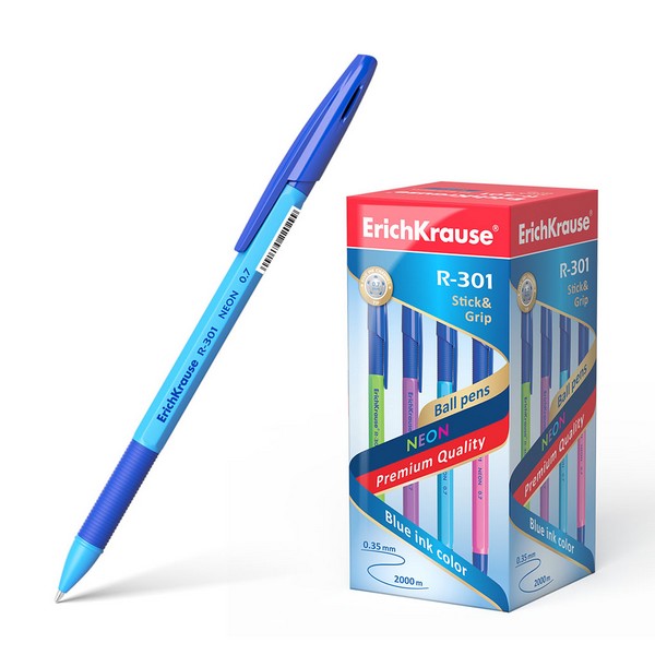 Ручка шар. ErichKrause "R-301" Neon Stick&Grip 0.7, синяя (50/400) 42751