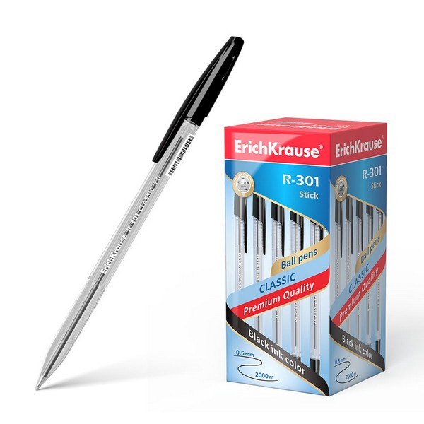 Ручка шариковая ErichKrause "R-301" Classic 1.0 Stick, черная (50/400) 43185