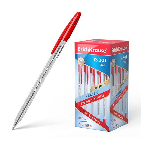 Ручка шариковая ErichKrause "R-301" Classic 1.0 Stick, красная (50/400) 43186