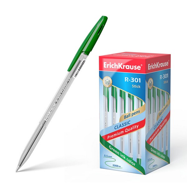 Ручка шариковая ErichKrause "R-301" Classic 1.0 Stick, зеленая (50/400) 43187