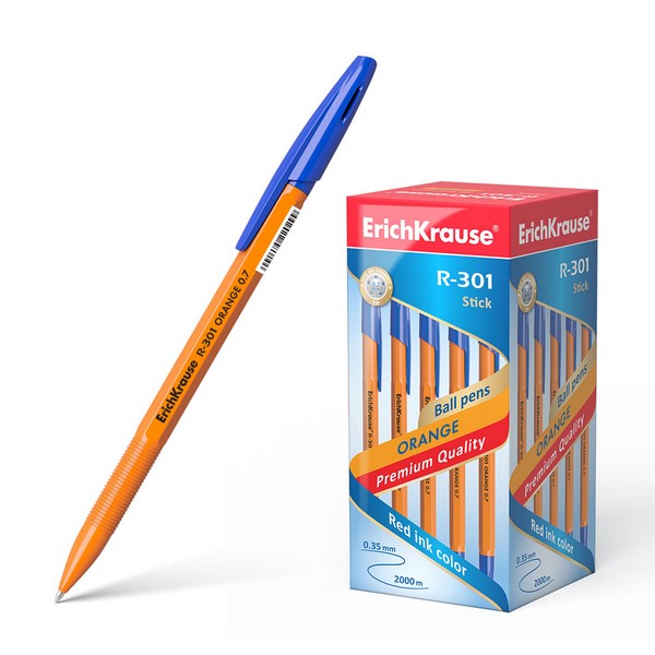 Ручка шариковая ErichKrause "R-301" Orange Stick 0.7, синяя (50/400) 43194