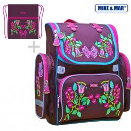 Рюкзак школьный "Цветы"+ мешок для сменной обуви, с ортопедической спинкой, бордо, h=36см, Mike&mar 1074-ММ-146
