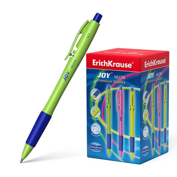 Ручка шариковая автоматическая ErichKrause JOY® Matic&Grip Neon Ultra Glide Technology, с резиновым грипом, 0.7 мм, синяя (50/2400) 43347