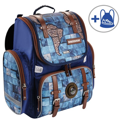Рюкзак школьный "Навигация" + мешок для сменной обуви, с эргономичной спинкой,синий, h=36см, Mike&mar 1074-MM-155