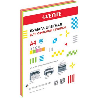 Бумага д/ксер. цветная "deVENTE" фА4, 80г/м2, 100л., неоновые цвета, ассорти (5 цветов) 2072609