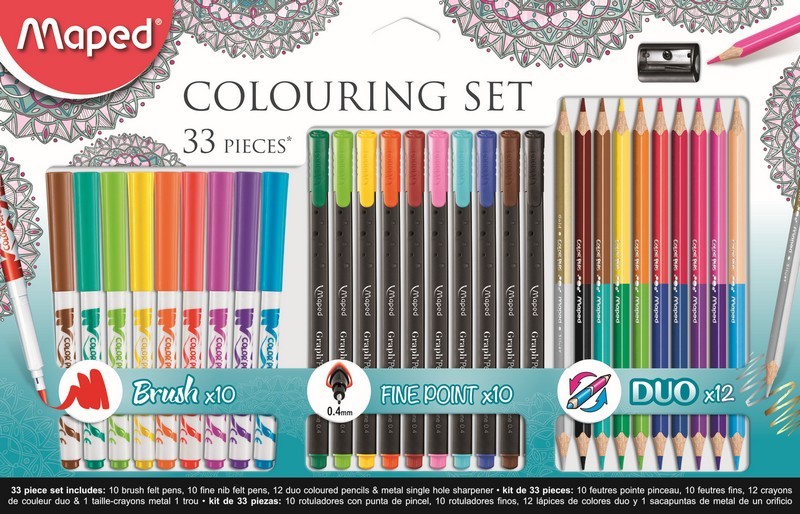 Набор для рисования: 10 фломастеров-кистей, 10 капиллярных ручек, 12 двусторонних цветных карандашей, точилка, MAPED  897417