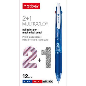 Ручка гелевая Hatber 2+1(синий,красный+карандаш) 0,7мм игольч.пишущ.узел с резиновым грипомс в картонной коробке (12/144) BP_058658