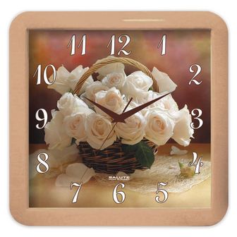 Часы настенные САЛЮТ П-А2.2-404 квадрат, бежевые с рисунком "Корзина роз", бежевая рамка, 29.5*30*4см 452379