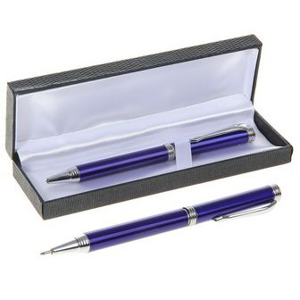 Ручка подарочная шариковая в кожзам футляре поворотная Директор корпус синий с серебристым 131993  131993