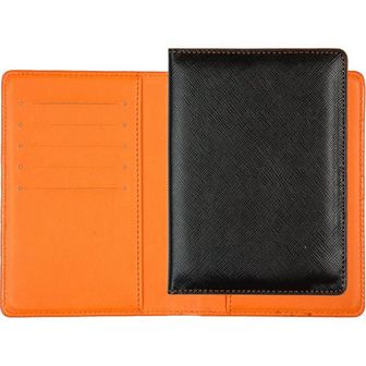 Обложка для паспорта "Accent" черная с оранжевым, 10x14 см, искусственная кожа комбинированная, поролон, отстрочка, 5 отделений для визиток, в пластиковом пакете с европодвесом 1030002