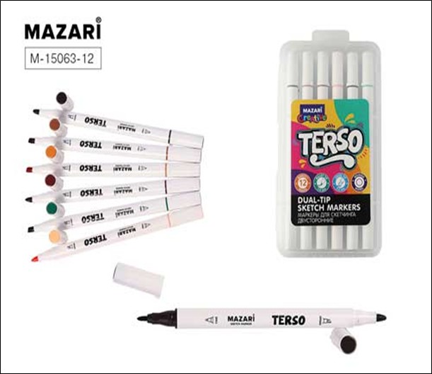 Набор маркеров для скетчинга двусторонних "TERSO", 12цв. (Forest colors), корпус круглый, пулевид./клиновид.наконечники, пиш.узлы 1.0-3.0мм, пластиковый пенал с европодвесом M-15063-12
