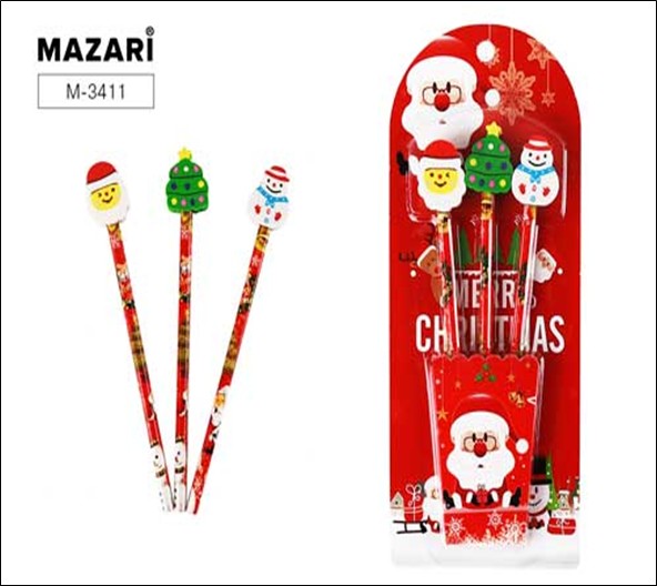Набор канцелярский MERRY CHRISTMAS, в комплекте: 3 чернографитных карандаша (HB), 3 ластика, ассорти 2 дизайна, блистерная упаковка с европодвесом M-3411