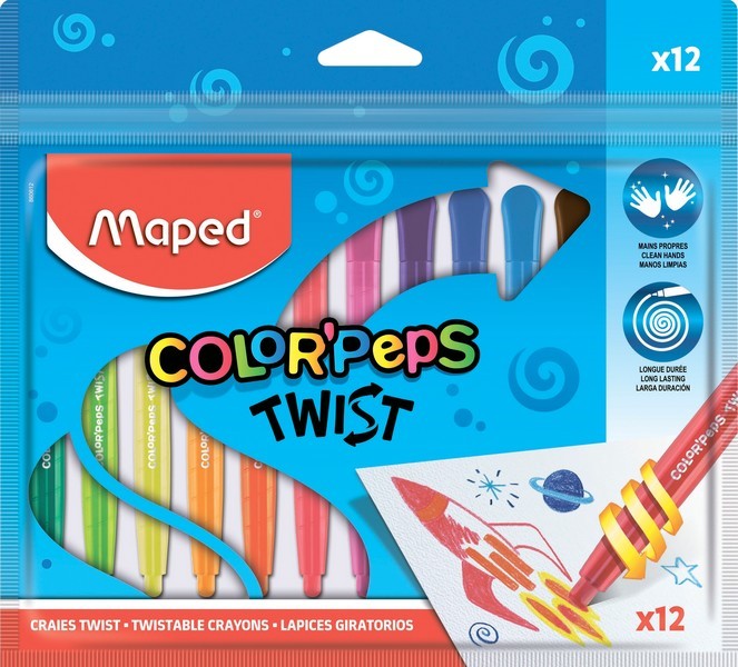 Мелки восковые 12цв. Maped COLOR'PEPS TWIST, выкручивающиеся, в картонной коробке 860612