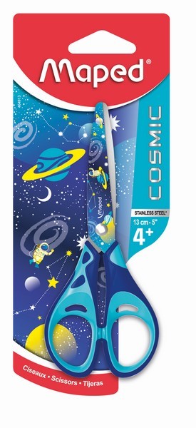 Ножницы 130мм Maped COSMIC KIDS, с прорезиненными ручками и декорированными лезвиями, симметричные, узор космос, в блистере (12/144) 464913