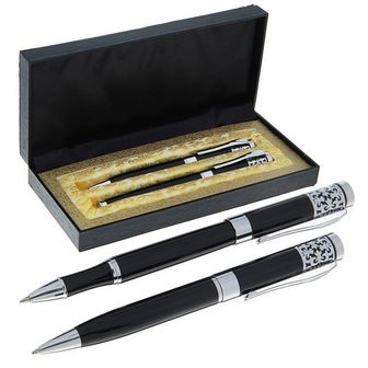 Ручки подарочные 2 штуки в кожзам футляре Гравюра (капиллярная и шариковая поворотная) черны 634799 634799