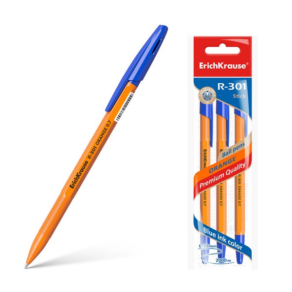 Ручка шариковая "R-301 orange Stick" 0.7 мм., синяя, (в пакете по 3 шт.), ErichKrause 42743