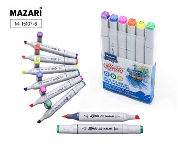 Набор маркеров для скетчинга двусторонних LINDO,6цв., Fluorescent colors (флуорисцентные цвета), кистевид./клиновид.наконечники, пиш.узлы 1.0-6.2мм, ПВХ-упаковка M-15107- 6