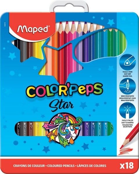 Карандаши 18цв., "Color Peps", треугольные, Металлическая коробка с подвесом, MAPED (12/108) 832015