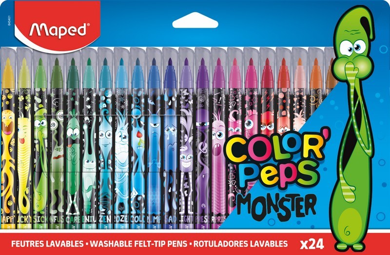 Фломастеры 24цв. COLOR'PEPS MONSTER с заблокированным пишущим узлом, средний пишущий узел, смываемые, декорированные, в картонном футляре, Maped (12/96) 845401