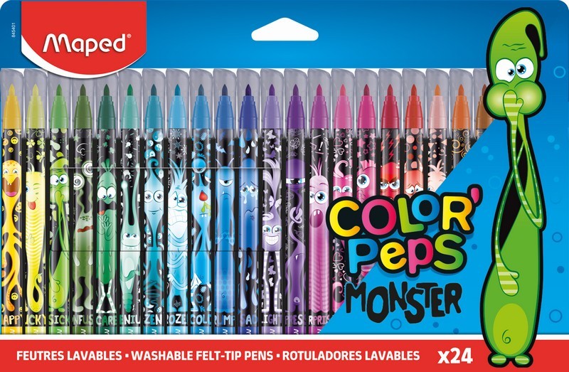 Фломастеры 24цв. COLOR'PEPS MONSTER с заблокированным пишущим узлом, средний пишущий узел, смываемые, декорированные, в картонном футляре, Maped (12/96) 845401