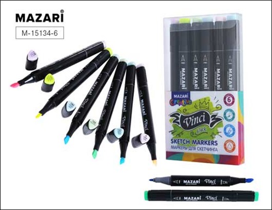 Набор маркеров для скетчинга двусторонних "VINCI BLACK", 6 цв., Pastel colors (пастельные цвета), корпус трехгранный, пулевид./клиновид.наконечники, пиш.узлы 1.0-6.2мм, ПВХ- упаковка M-15134- 6