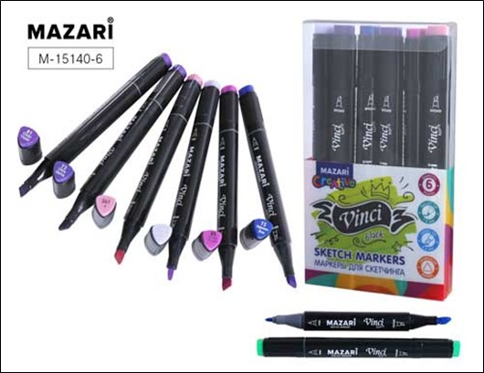 Набор маркеров для скетчинга двусторонних "VINCI BLACK", 6 цв., Purple colors (пурпурные цвета), корпус трехгранный, пулевид./клиновид.наконечники, пиш.узлы 1.0-6.2мм, ПВХ- упаковка M-15140- 6
