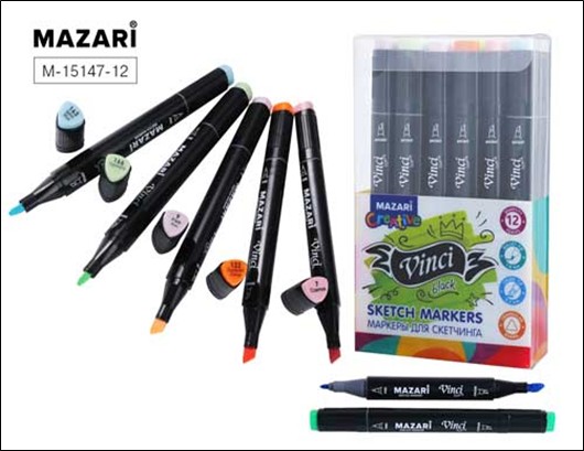 Набор маркеров для скетчинга двусторонних "VINCI BLACK", 12цв., Pastel colors (пастельные цвета), корпус трехгранный, пулевид./клиновид.наконечники, пиш.узлы 1.0-6.2мм, ПВХ- упаковка M-15147-12