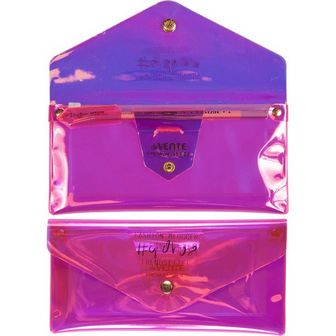Пенал-косметичка "deVENTE. Fashion Blogger" 22x11x1,5 см, плоский, плотный голографический PVC 800 мкм, с клапаном на кнопке, с внутренним карманом на пластиковой молнии, с колпачком для карандаша, с петлей для ручки, полупрозрачный розовый 7024130