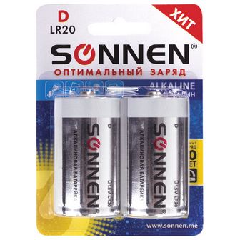 Батарейки КОМПЛЕКТ 2 шт, SONNEN Alkaline, D (LR20, 13А), алкалиновые, в блистере, 451091 451091