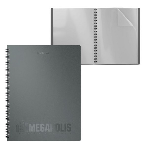 Папка пластиковая 0.6мм, с 20 прозрачными вкладышами, серый, на спирали, MEGAPOLIS ErichKrause 49956