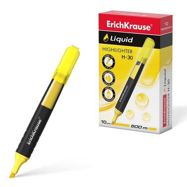 Текстовыделитель с жидкими чернилами ErichKrause Liquid H-30, желтый 47973