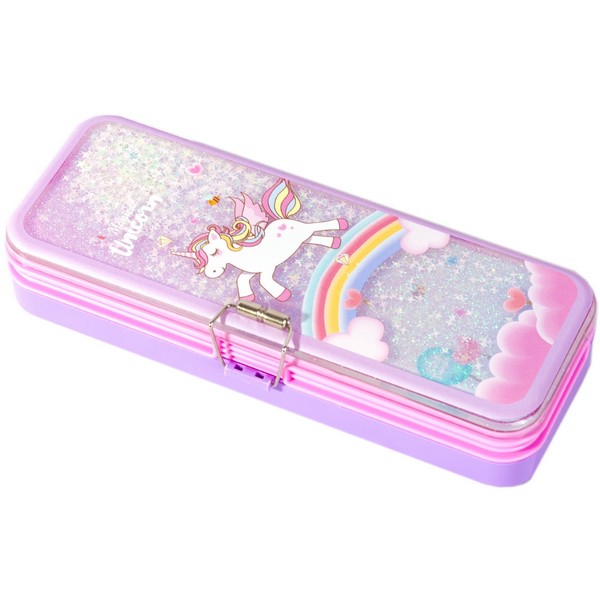 Пенал- пластиковый, 2 отделения "Unicorn" фиолетовый, блеск, 21.5 см х 7,5 см х 4 см, Alingar AL8624