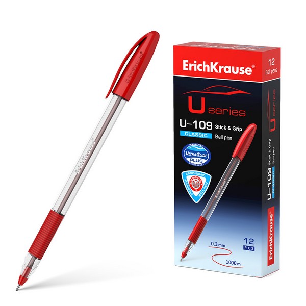 Ручка шар. ErichKrause U-109 Classic Stick&Grip, Ultra Glide Technology красная, 1.0мм (12/144) 53744