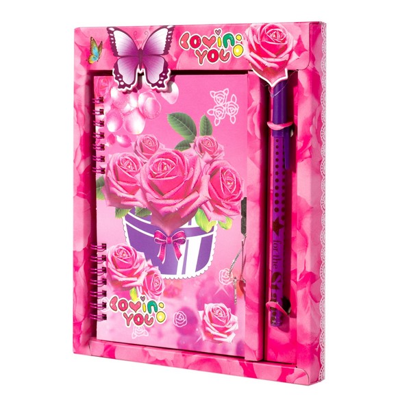 Подарочный блокнот в футляре на гребне 20 см * 23 см, 42л., лин., "Розы в корзине", розовый, ламинация, глиттер, ручка, на замочке, Alingar AL9161