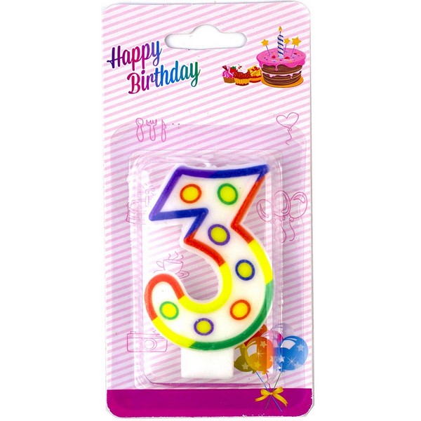 Свеча-цифра для торта с держателем Alingar "Цифра 3" 7,0 см, белый цвет, горошек, цветная окантовка, блистер с европодвесом AL6403
