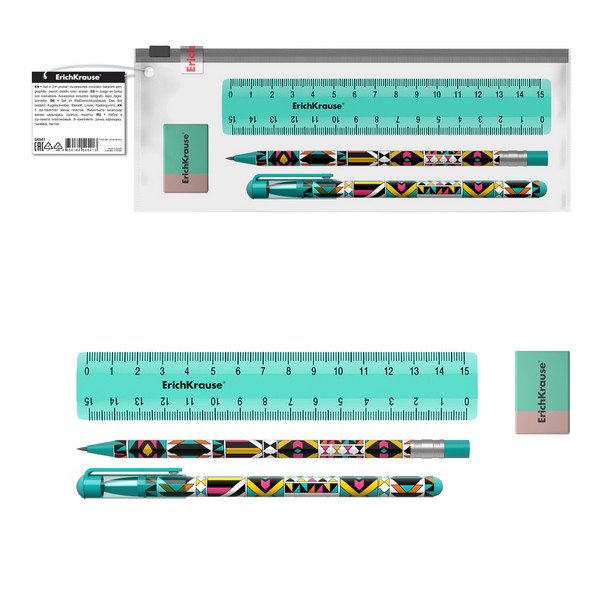 Набор в zip-пакете Ornament 4 предмета ( ручка, карандаш, линейка, ластик), ErichKrause 54541
