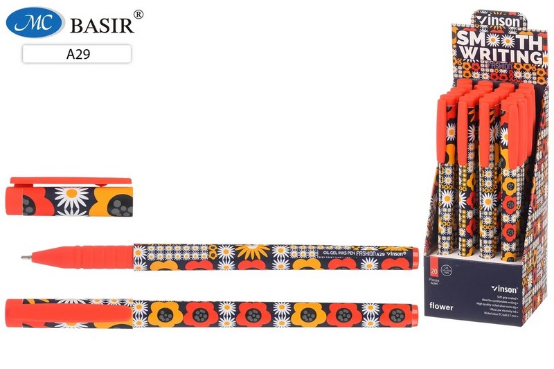 Ручка шариковая "VINSON Flower" синяя чернила на масляной основе, 0.7 мм., матовый под soft, яркий корпус рисунок цветы A29