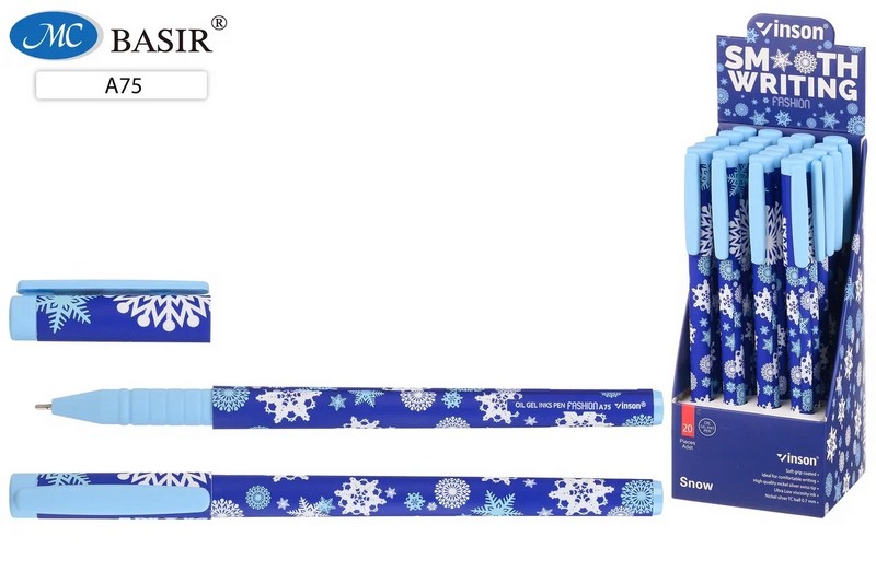Ручка шар. "VINSON Snow" синяя чернила на масляной основе, 0.7 мм., матовый под soft, цветной корпус рисунок снежинки A75