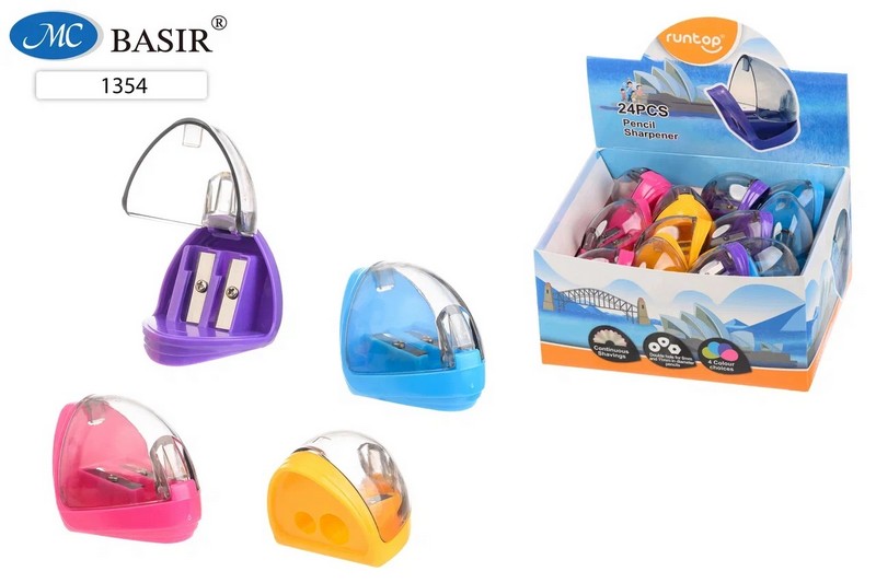 Точилка пластиковая 2 отверстия с контейнером, с откидной крышкой, 4 цвета, фигурная размер 4*4 см. 1354