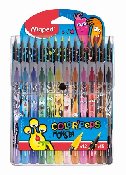 Набор для рисования COLOR'PEPS MONSTER: 12 фломастеров, 15 пластиковых цветных карандашей, декорированный корпус, в футляре, MAPED  984718