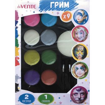Набор для грима лица и тела "deVENTE" краски на водной основе (8 цветов металлик + 1 классический цвет) 1 спонжик, 2 кисточки-аппликатора, в пластиковой коробке с подвесом 8080000
