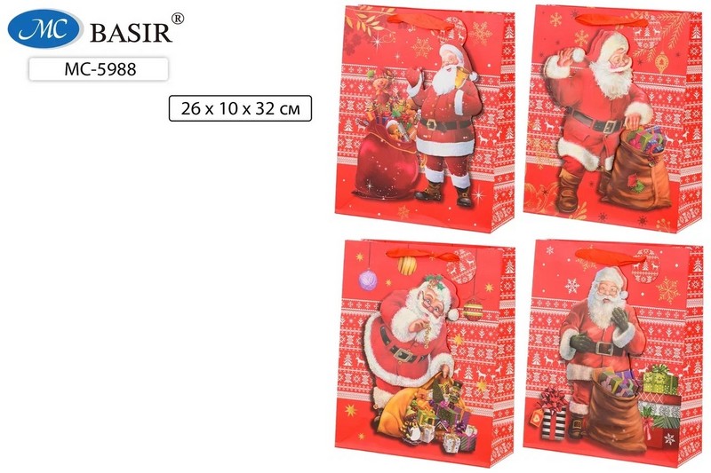 Пакет подарочный "ДЕД МОРОЗ" плотный, цветной с рисунком, с объёмной аппликацией, ассорти, размер 26*10*32 см. МС-5988