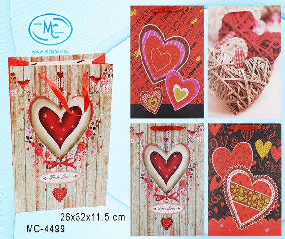Пакет подарочный "LOVE" плотный 210 г/кв.м, цветной с рисунком, ассорти, размер 26*32*11,5 см. МС-4499
