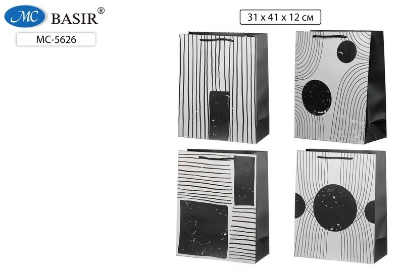 Пакет подарочный плотный, чёрно-серый с рисунком-полоски, круги, квадраты, ассорти, размер 31*41*12 см. МС-5626