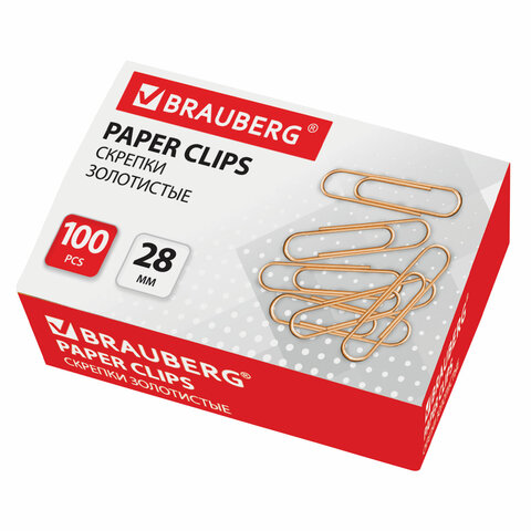 Скрепки BRAUBERG, 28 мм, золотистые, 100 шт., в картонной коробке 221529