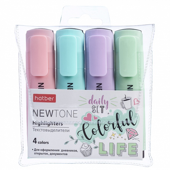 Набор текстовыделителей Hatber NEWtone PASTEL 4 цв. клиновидный пишущий узел в прозрачном ПВХ-боксе HL_062055