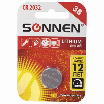 Батарейка SONNEN Lithium, CR2032, литиевая, 1 шт., в блистере 451974