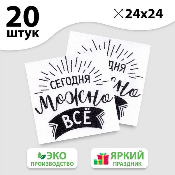 Салфетки бумажные однослойные "Сегодня можно всё", 24х24 см, набор 20 шт. 5067336 5067336    