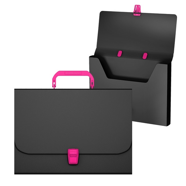 Портфель пластиковый ErichKrause® Matt Accent, A4, черный с розовой ручкой и замком   (в пакете по  1шт.) 50439